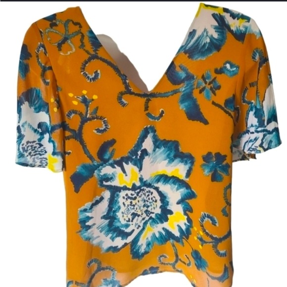 H & M Goldenrod Sheer Floral Print Short Sleeve Blouse Size 14. Tie Back. - Picture 1 of 6